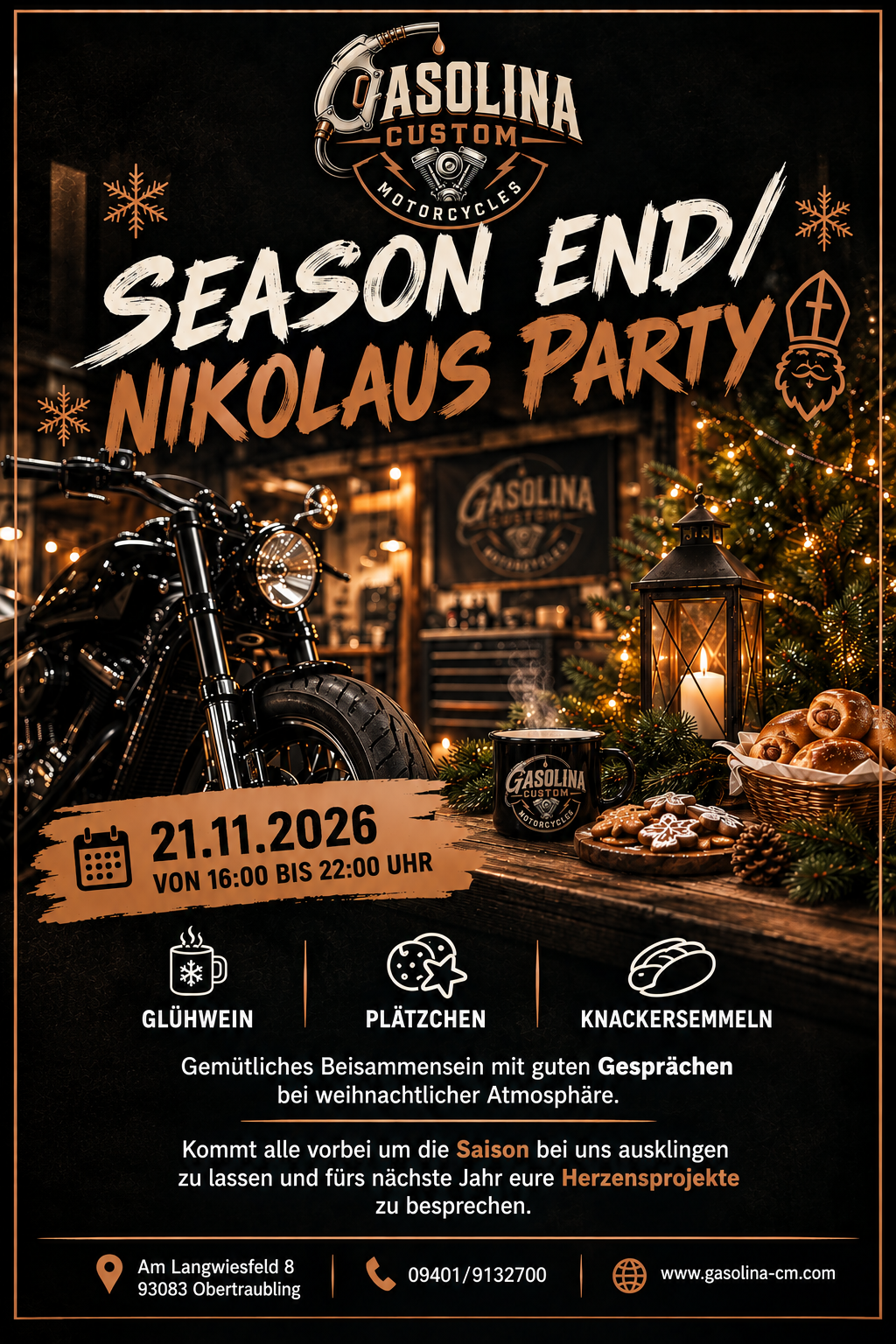 Einladung zu einer Saisonabschluss/Nikolaus-Party bei Gasolina Custom Motorräder, mit Bild eines Motorrads, Weihnachtsdeko, Keksen, Glühwein und Kerzen, am 21.11.2026, von 16:00 bis 22:00 Uhr, in Obertraubling.