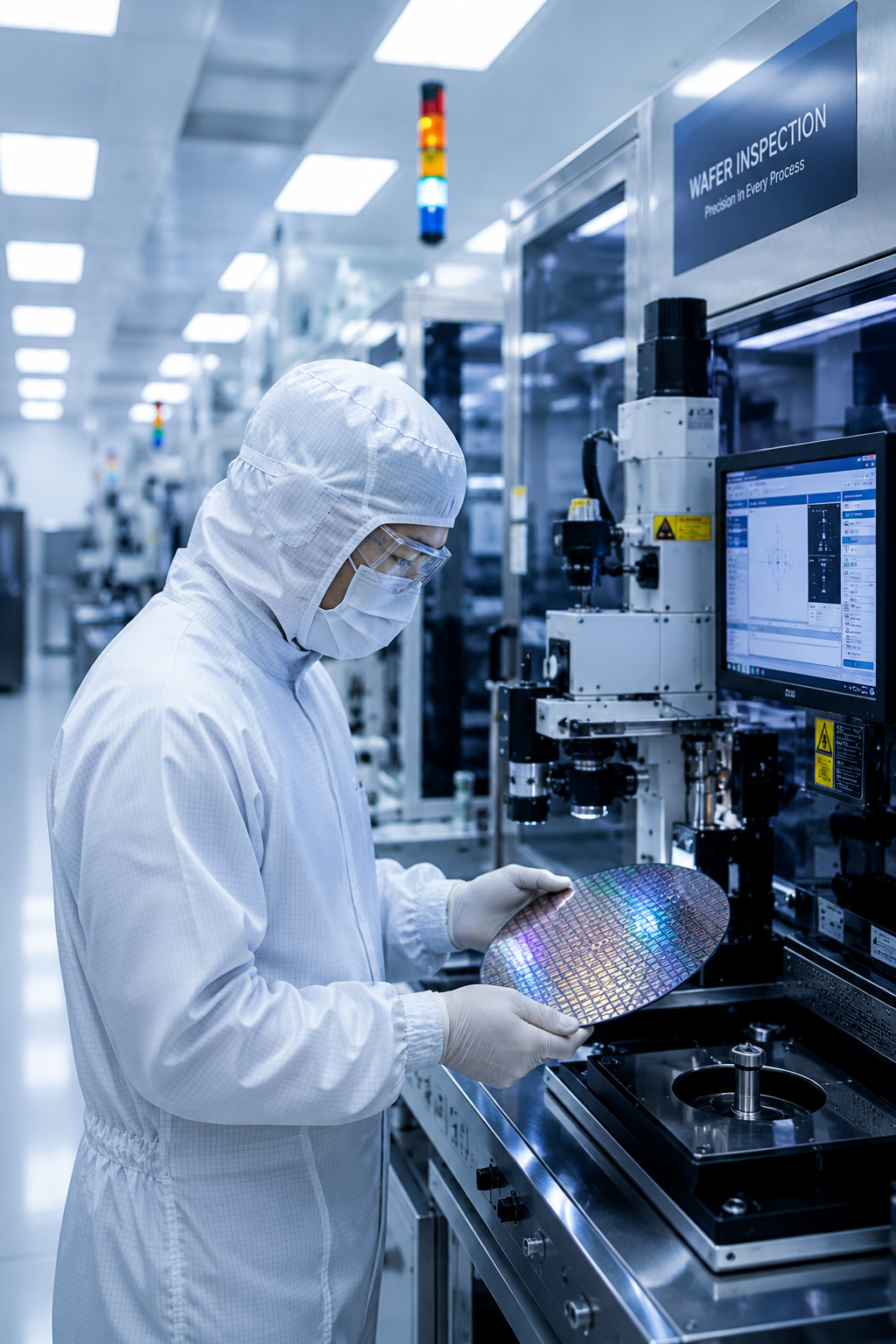 A scientist in cleanroom attire inspecting a silicon wafer in a high-tech semiconductor manufacturing facility.