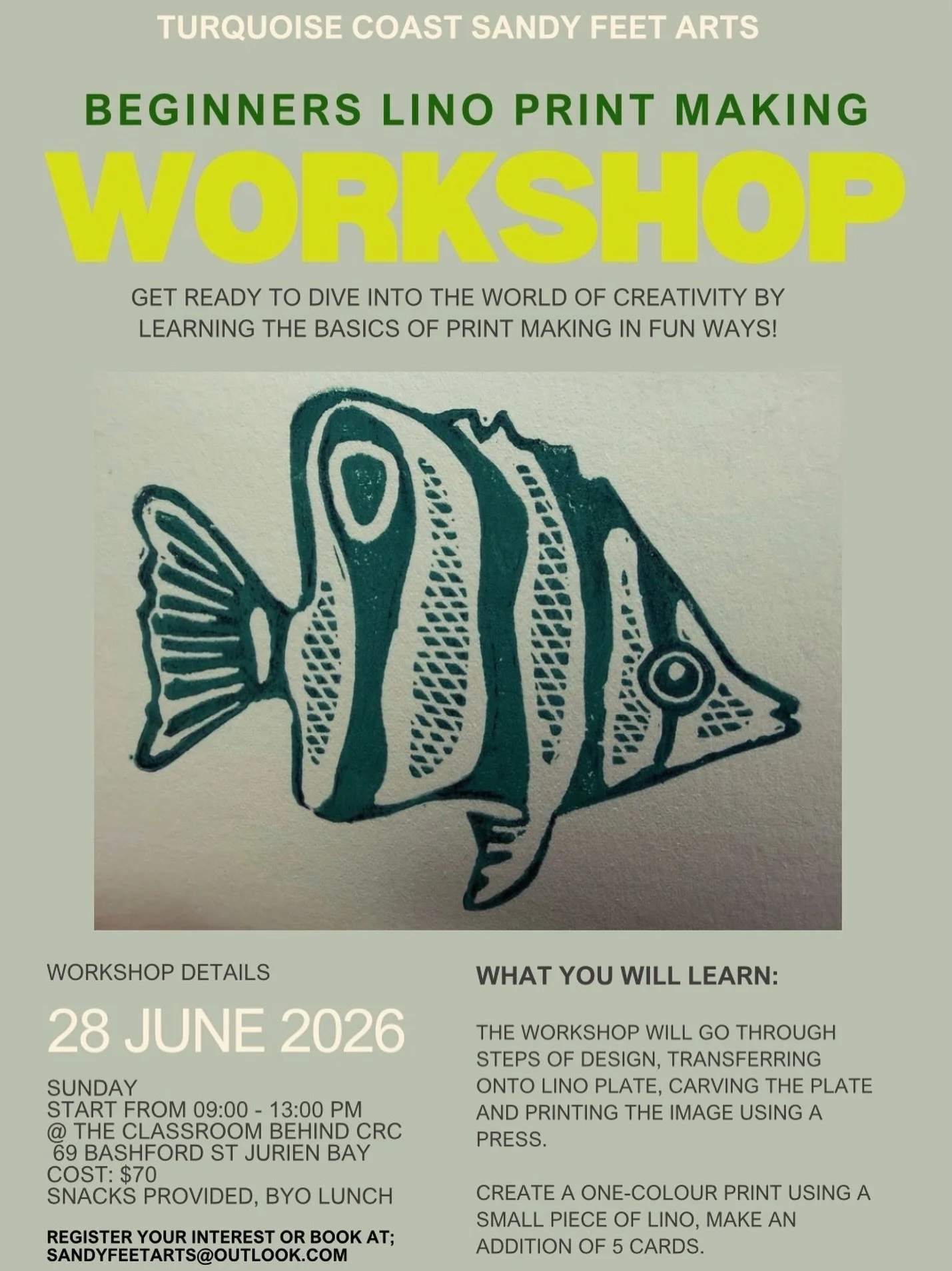 🎨🐟 Dive into creativity at our Beginners Lino Print Making Workshop! Limited spots available. ✨