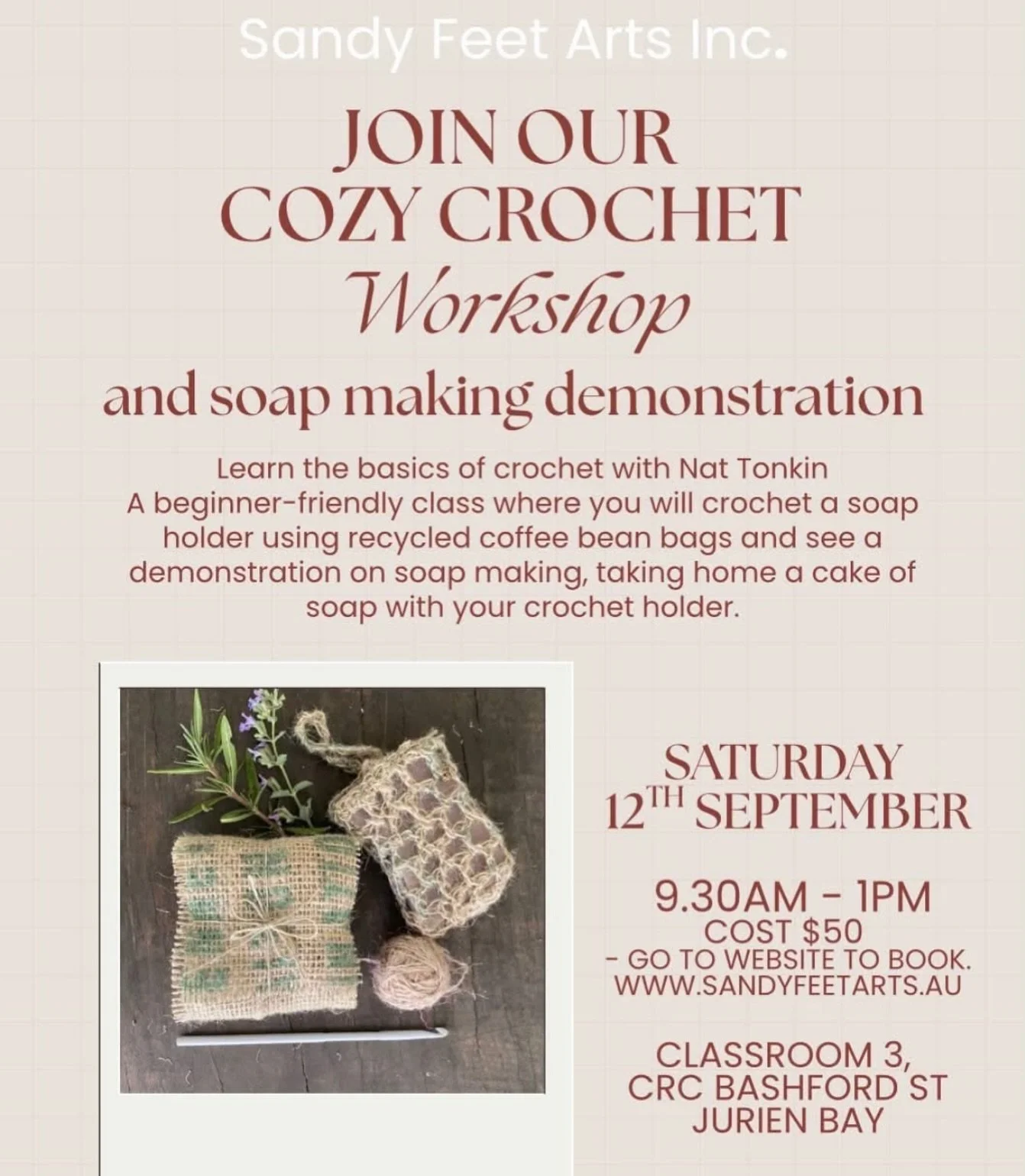 🧶✨ THIS SATURDAY! ✨🧼

Come slow down, get creative and spend a lovely morning making something with your hands at our Cosy Crochet Workshop at Sandy Feet Arts! 🤎

Learn the basics of crochet with Nat Tonkin, create your very own soap holder from r
