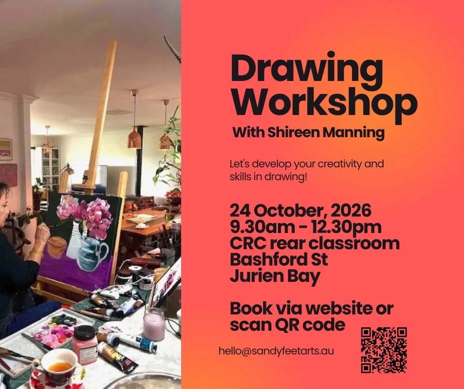 🎨 DRAWING WORKSHOP ✏️

Ready to get creative? Join Shireen Manning for a fun morning developing your creativity and drawing skills.

📅 Saturday 24 October 2026
⏰ 9.30am&ndash;12.30pm
📍 CRC Rear Classroom, Bashford St, Jurien Bay

Whether you&rsquo