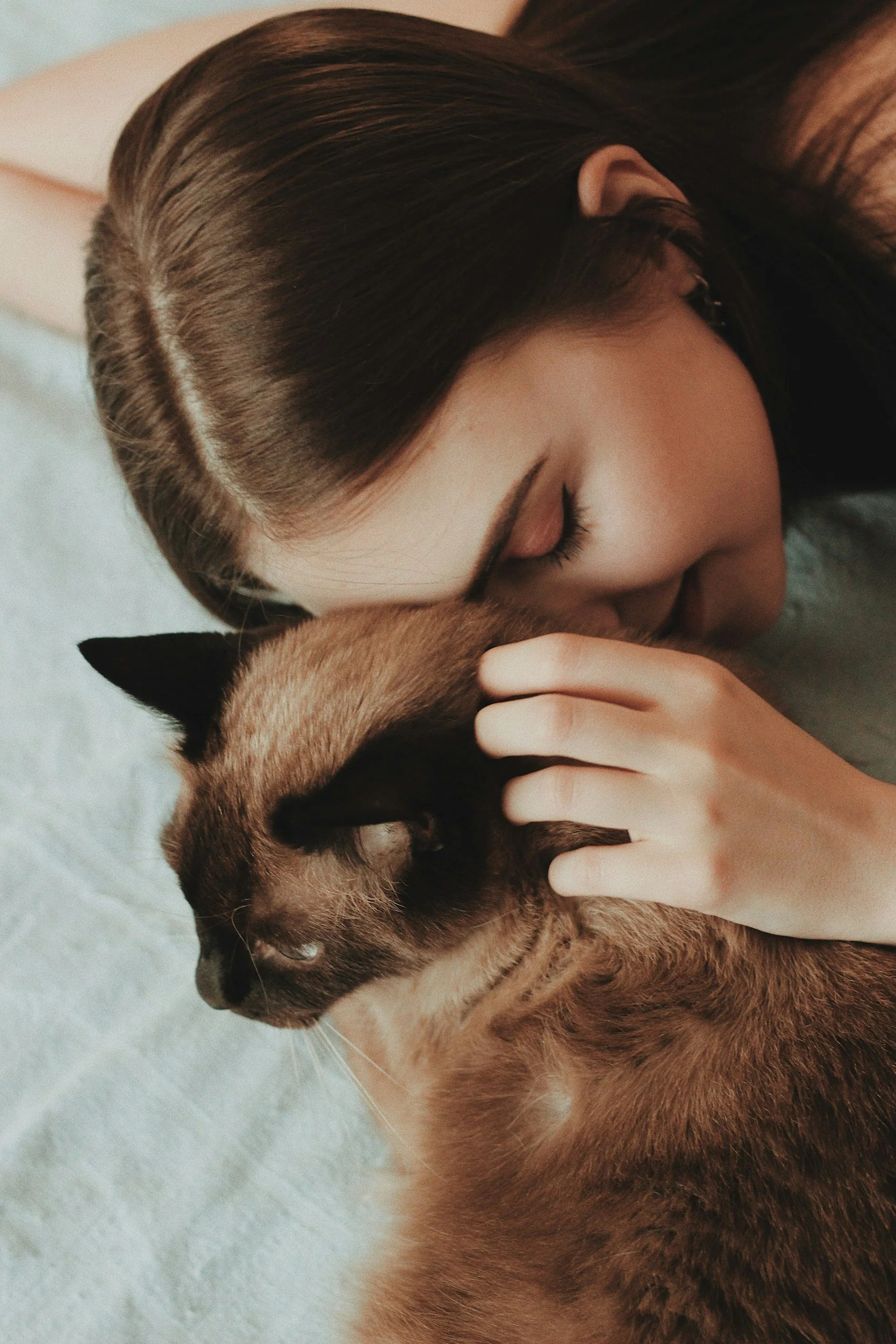 A woman with long brown hair cuddling with a Siamese cat on a white surface.