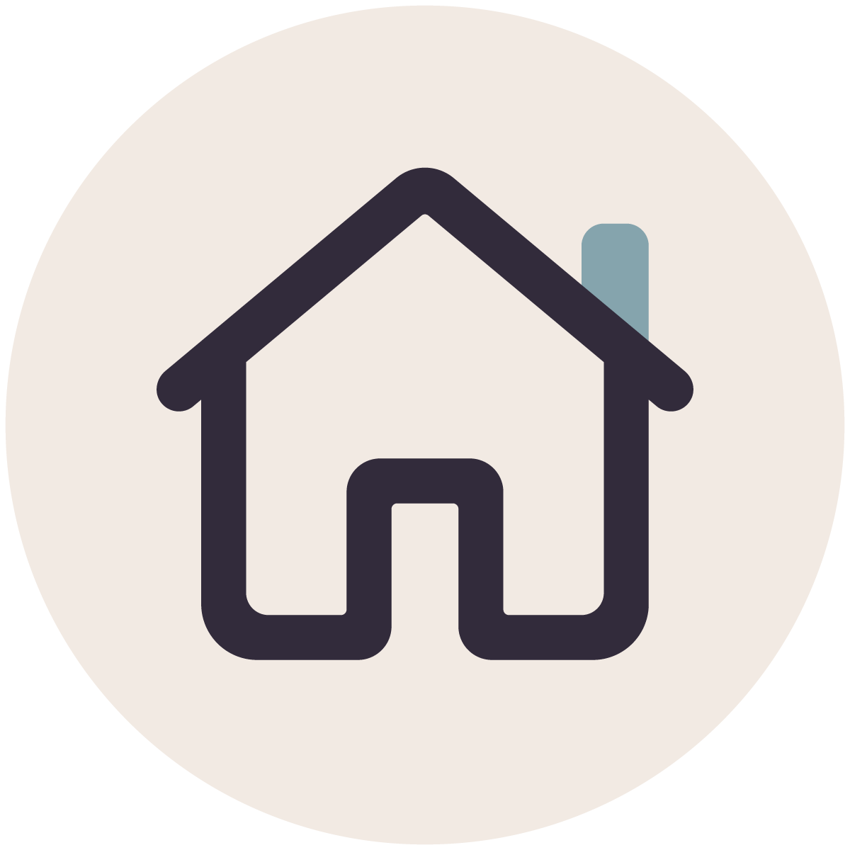 Icon of a house with a chimney on a beige circular background.