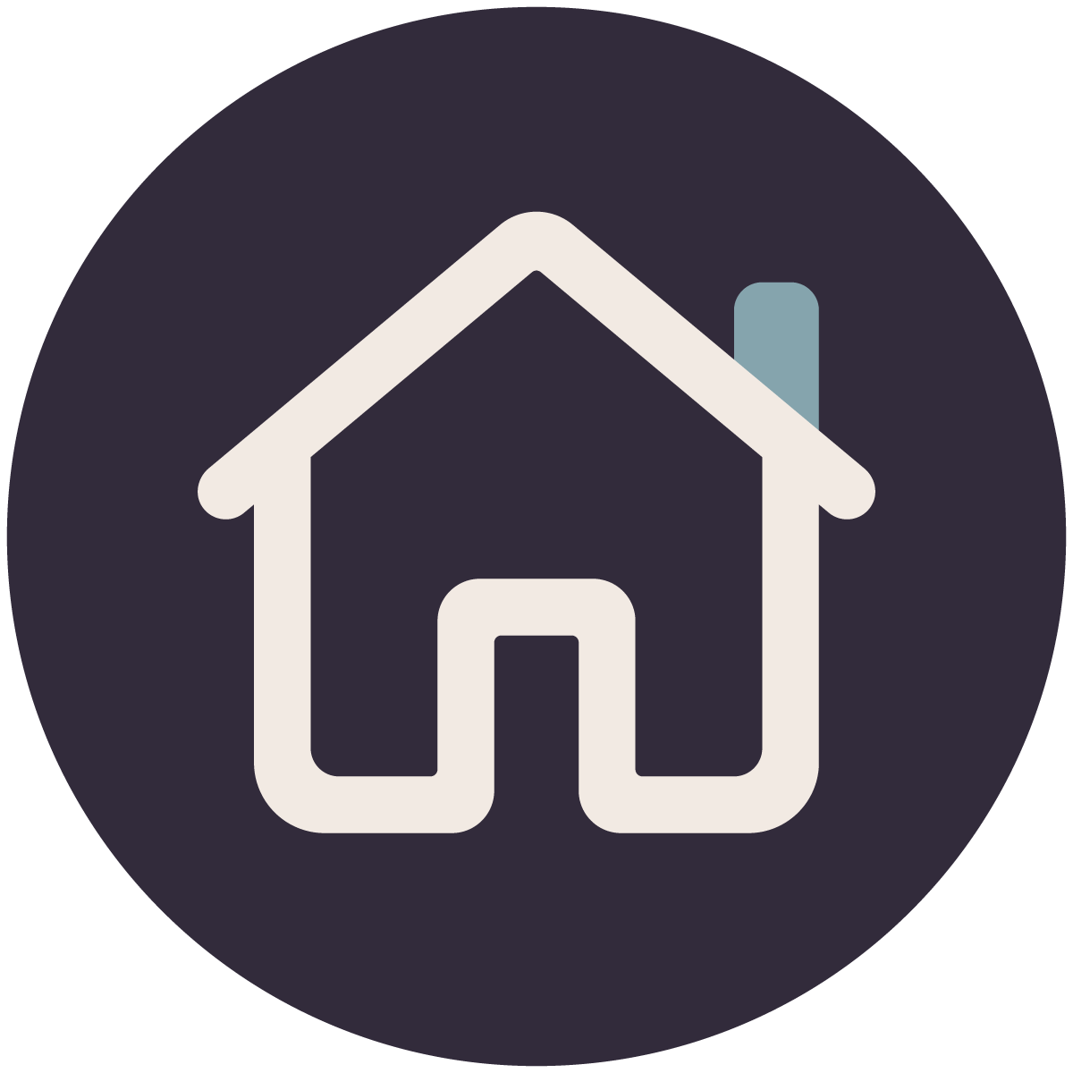 Icon of a house with a chimney on a dark circular background.