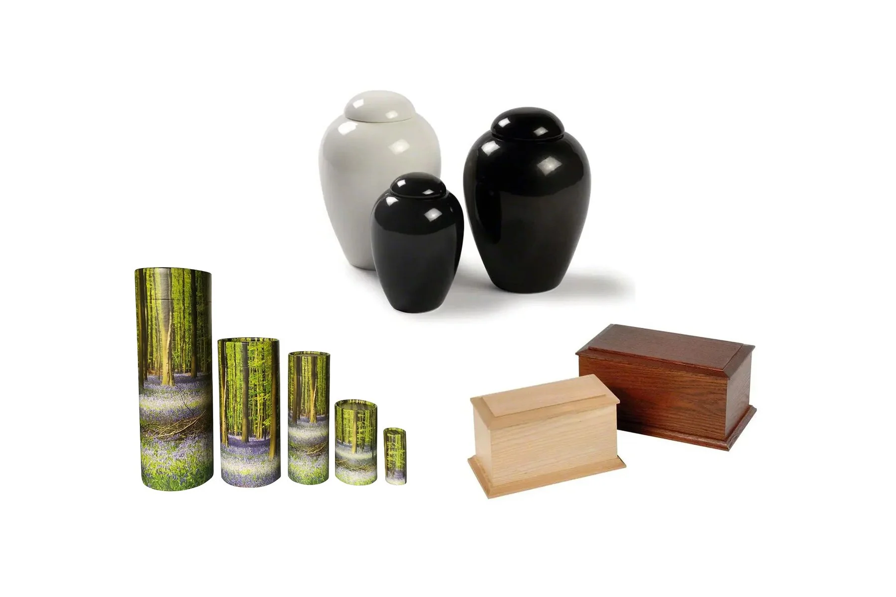 A collection of decorative objects including three black and white ceramic urns, a set of cylindrical vases with forest imagery decreasing in size, and small wooden boxes in natural and reddish-brown finishes.