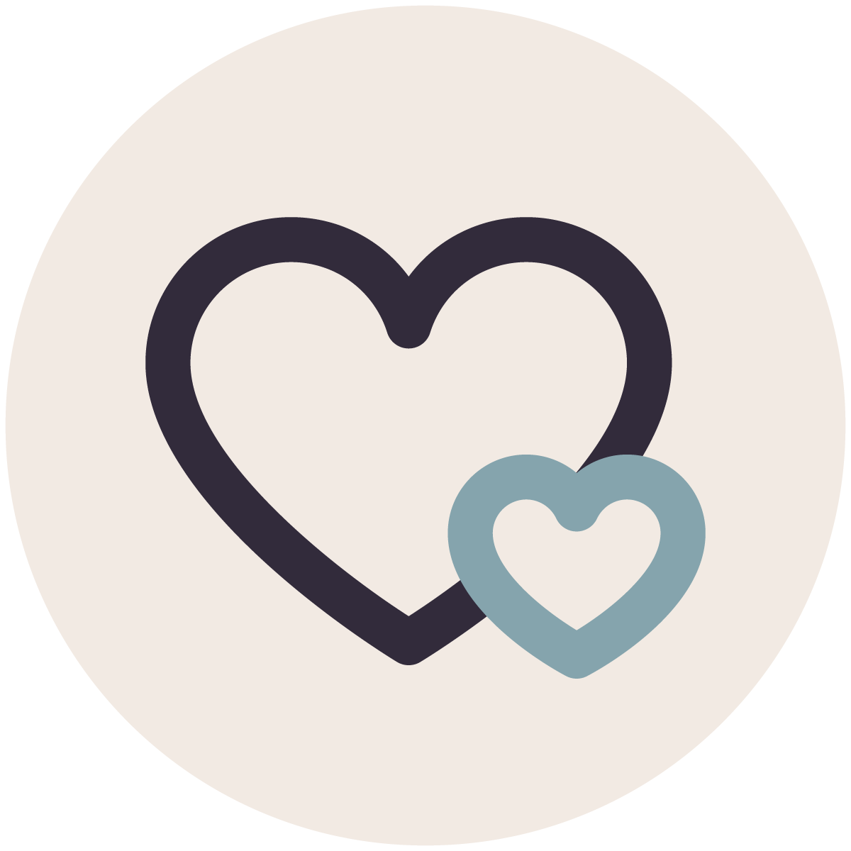 Two intertwined heart outlines, one larger and dark in color, the other smaller and lighter, on a light circular background.