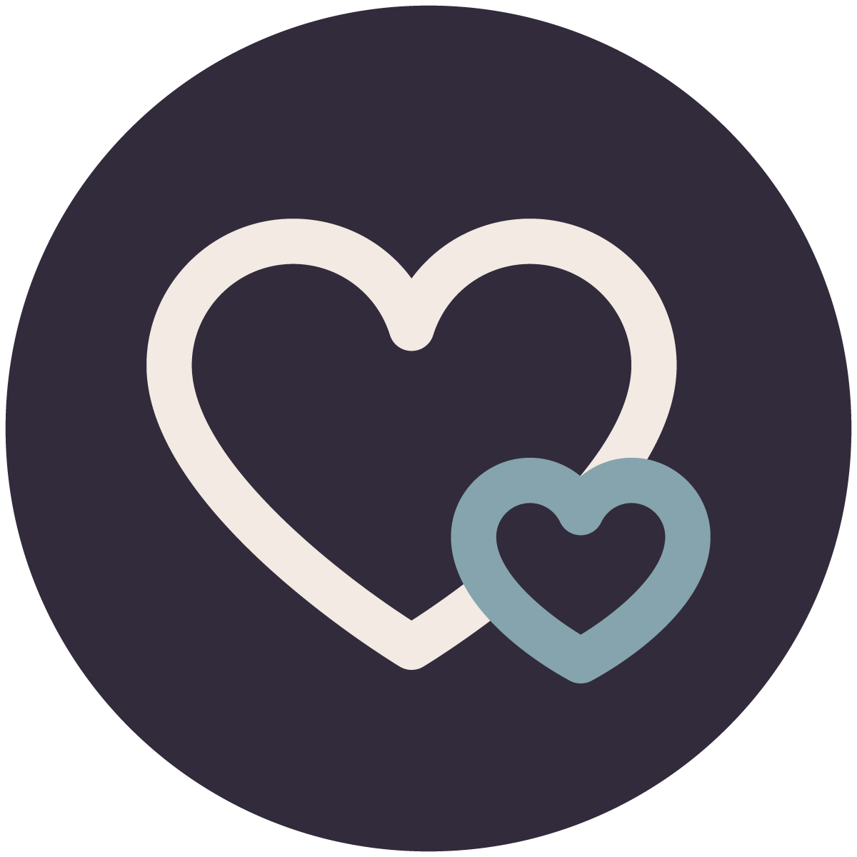 Two overlapping hearts, one white large and one blue small, on a dark circular background.