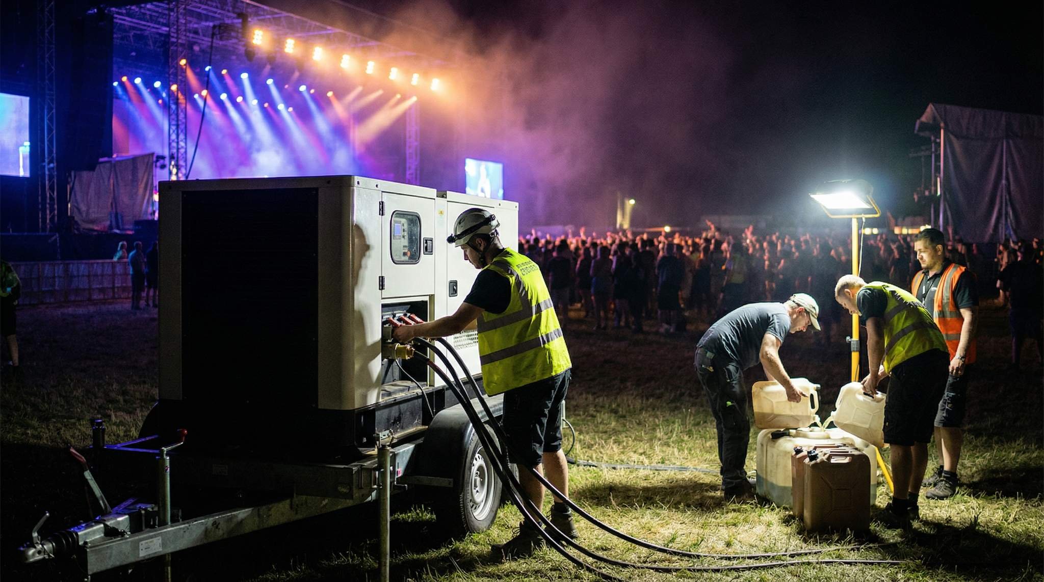 Workers in safety vests and helmets refuel generator equipment at an outdoor night concert, with a large crowd and stage with colorful lights in the background.