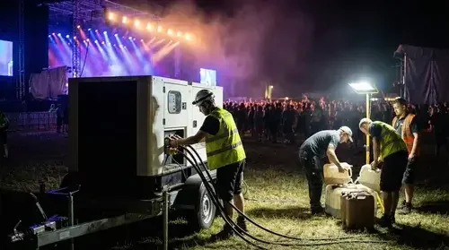 Workers in safety vests and helmets refuel generator equipment at an outdoor night concert, with a large crowd and stage with colorful lights in the background.