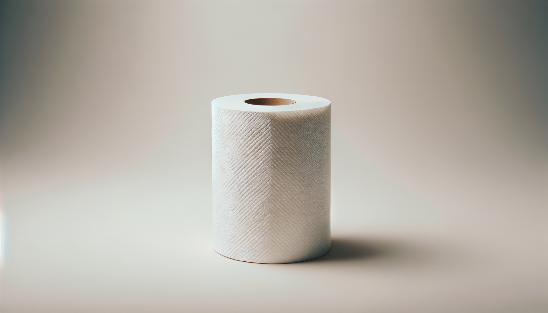 A roll of white paper towels with a textured surface, standing upright on a plain surface against a neutral background.