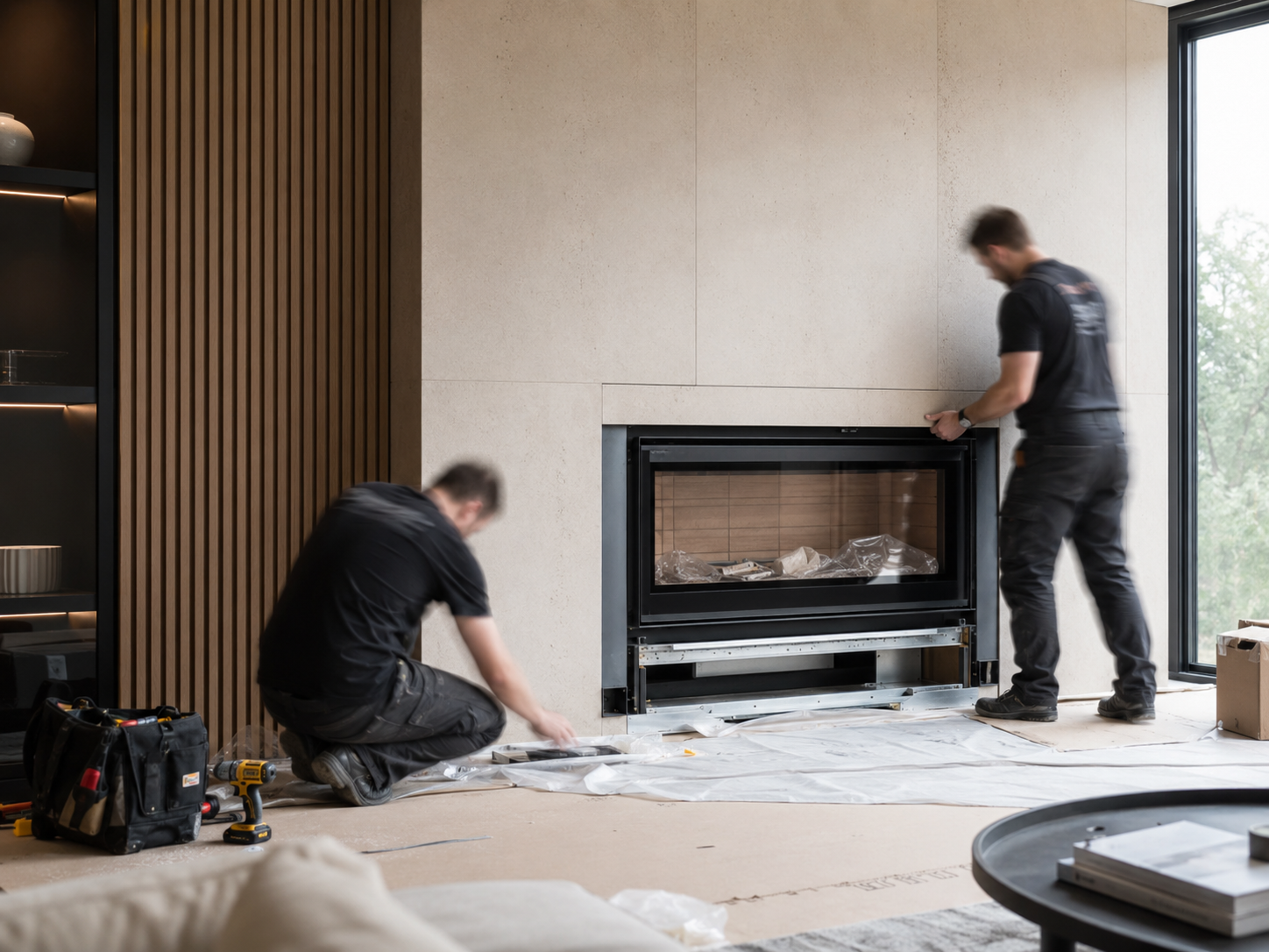 Heatstore Christchurch - Two workers installing a fireplace in a modern living room with a large window. One worker kneels on the floor, and the other stands, both working on the fireplace surround. Tools and materials are scattered nearby.