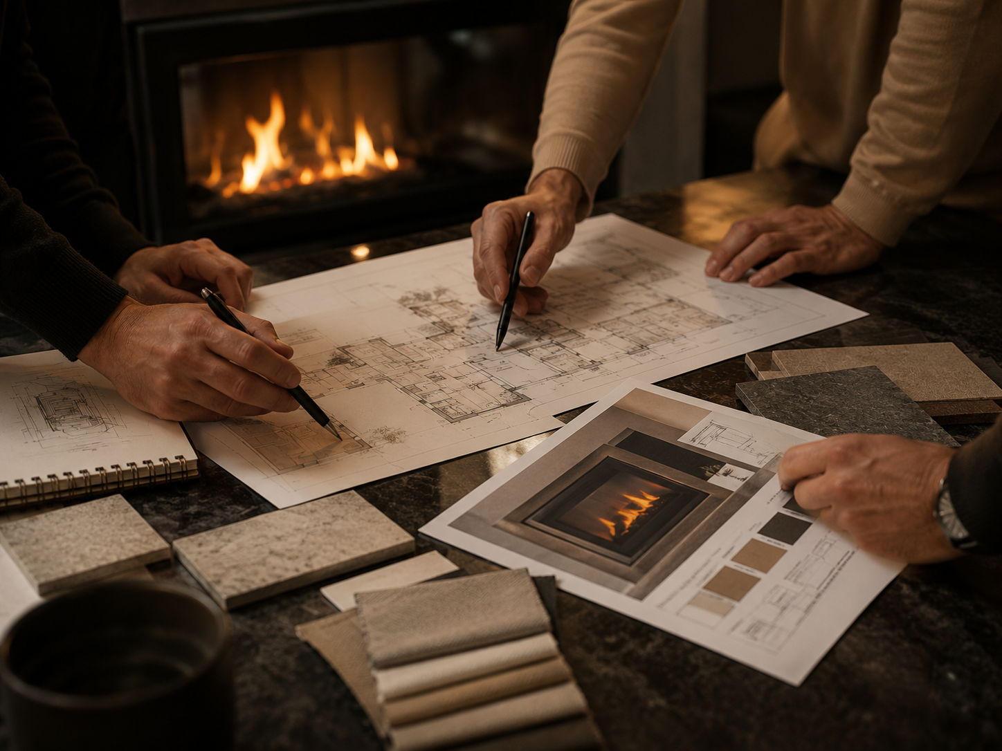 Heatstore Christchurch - People working on architectural plans and interior design samples by a fireplace.