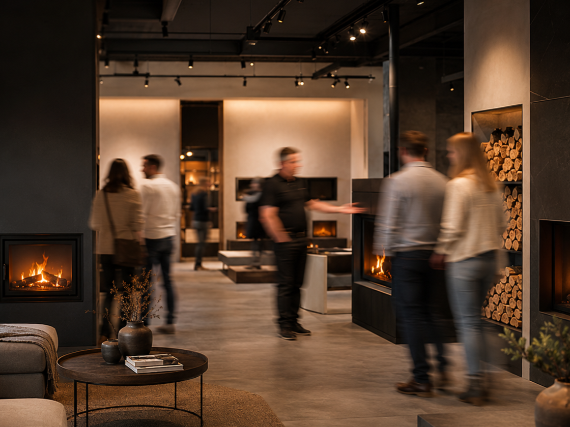 Interior of a modern showroom with several people walking and talking, featuring fireplaces with lit fires and stacked firewood on walls.