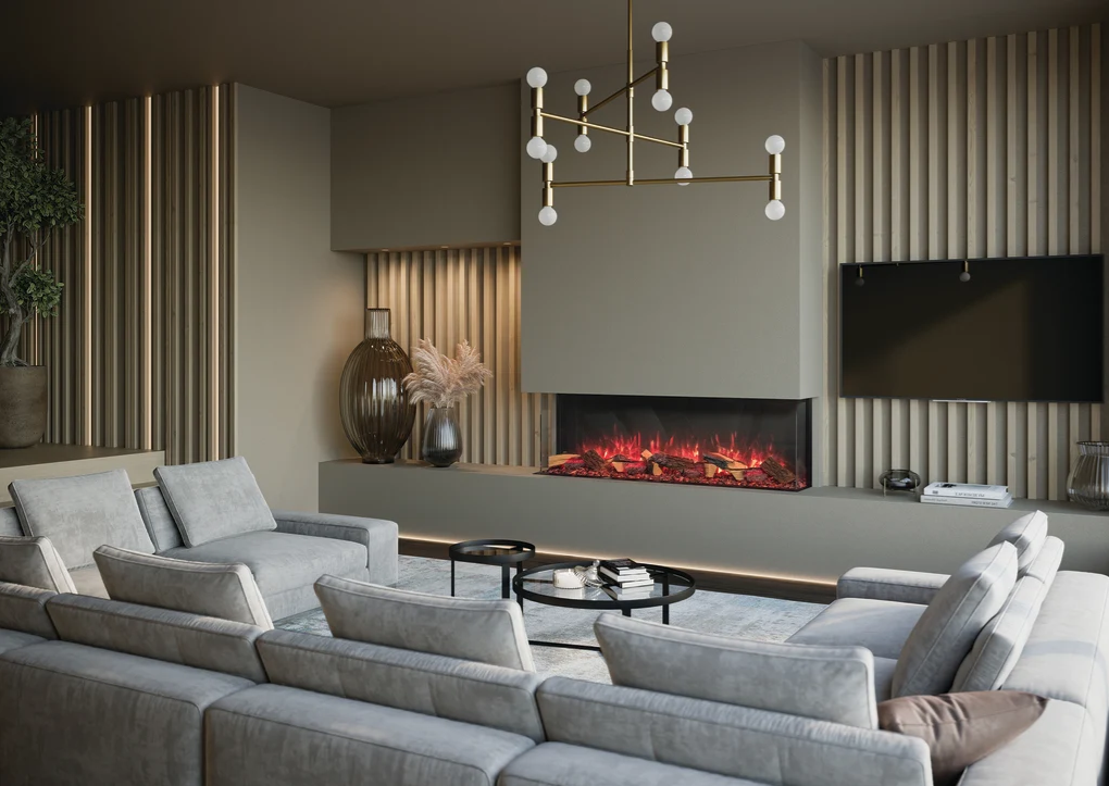 Living room with modern decor, featuring a fireplace with a red flame effect, a flat-screen TV, a geometric chandelier, and light gray sectional sofas.