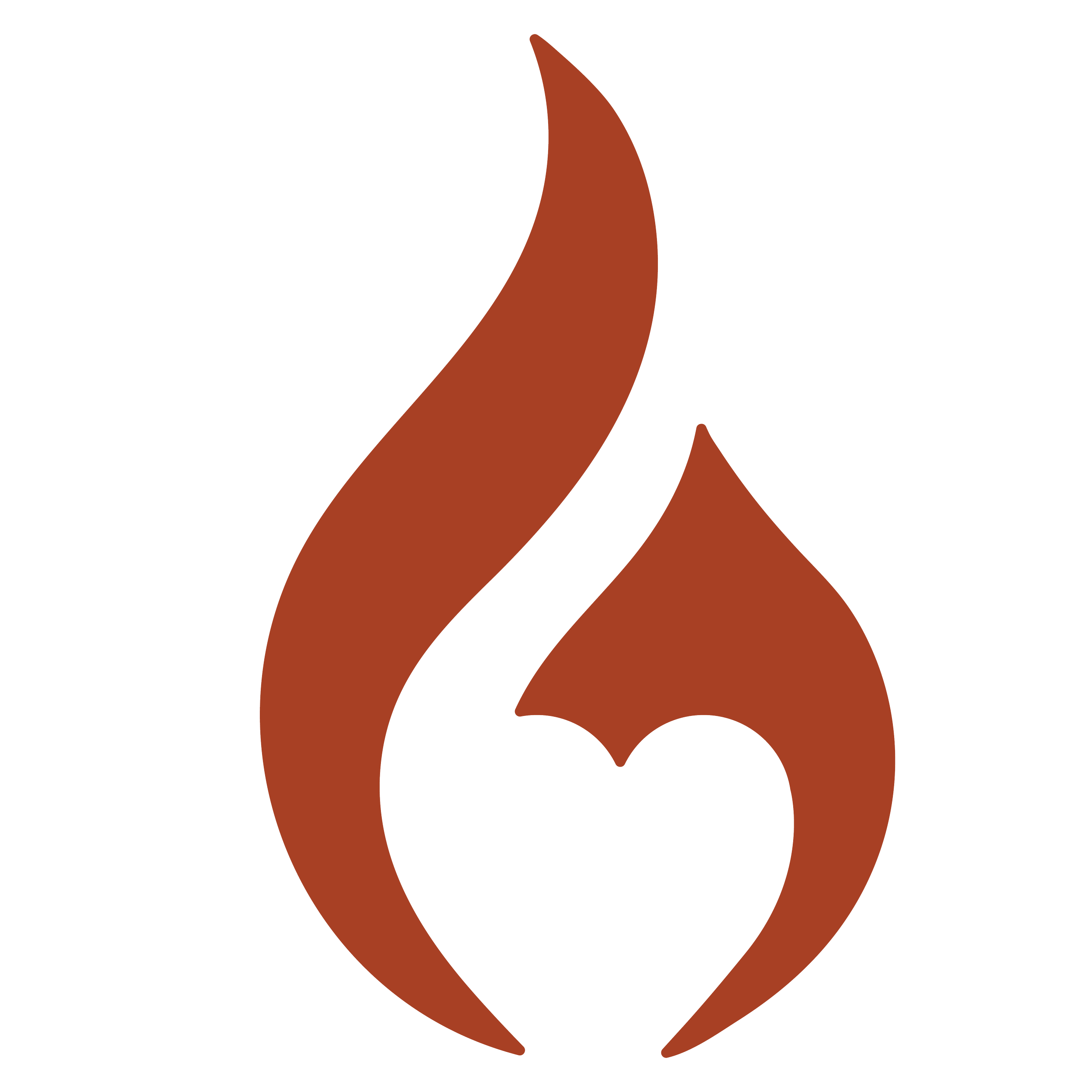 Stylized illustration resembling a flame or leaf design in brown and black colors.