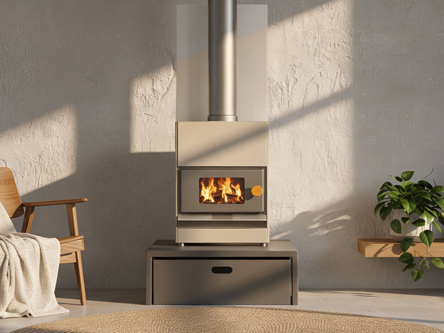Heatstore Christchurch - Modern wood stove with a visible fire, situated in a cozy living room with a wooden chair, blanket, and a potted plant.