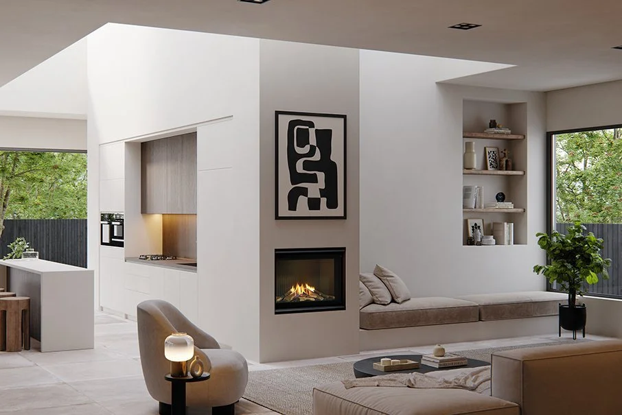 Heatstore Christchurch - Modern, minimalist living room with a built-in fireplace, abstract black and white artwork, and large windows showing greenery outside.