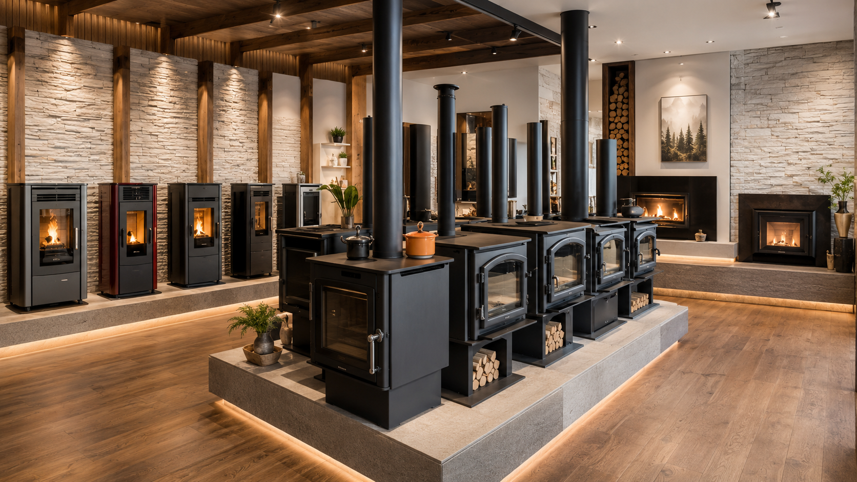 Heatstore Christchurch - Showroom with multiple wood-stove fireplaces and wood-burning stoves, modern interior with stone accents, wooden ceiling, and wood flooring, cozy ambiance.