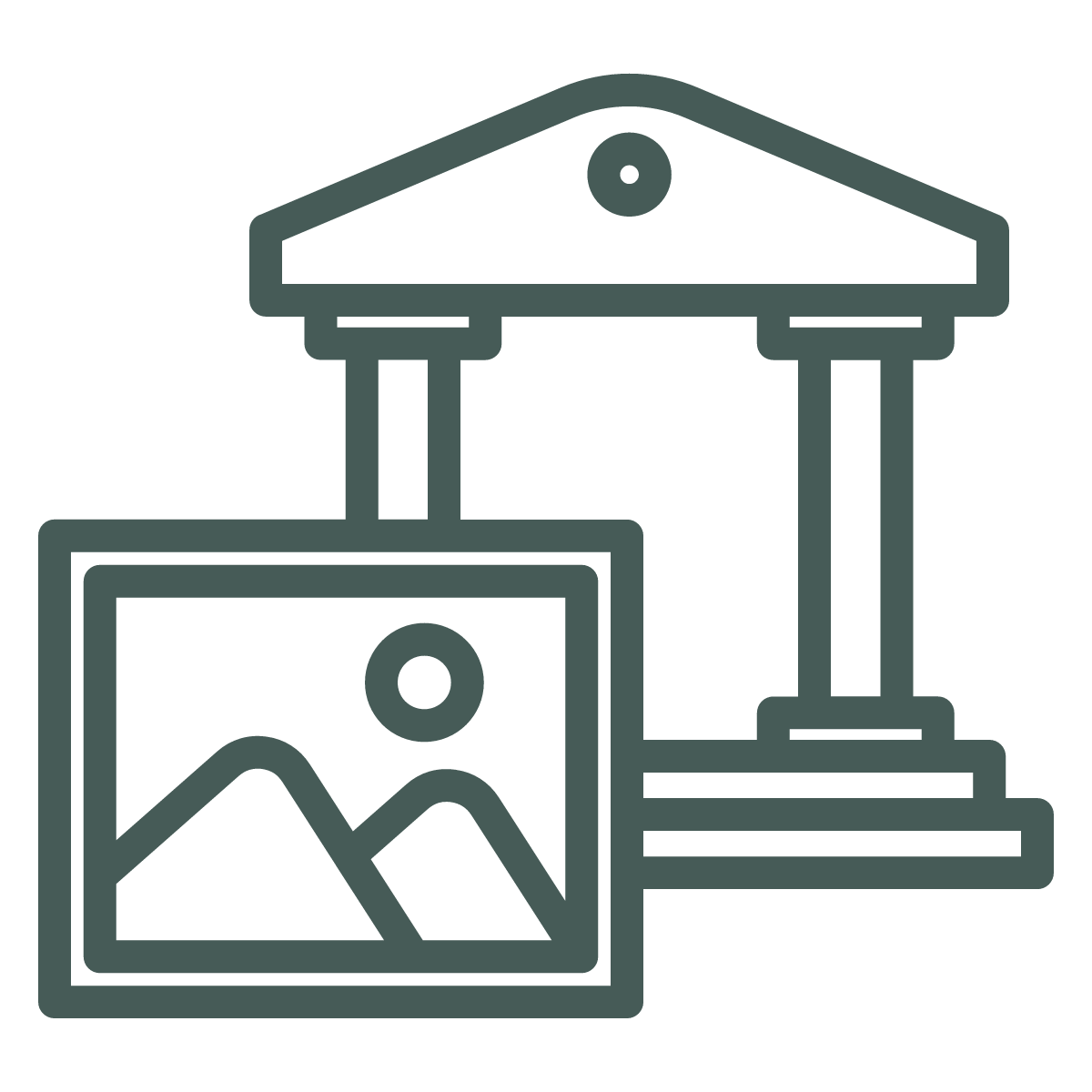 Line drawing of a traditional picture frame, a small display case, and a bust statue on a pedestal.