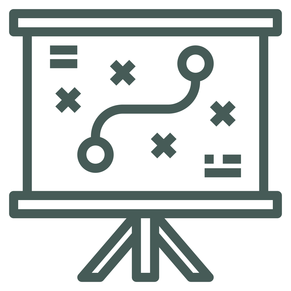 Icon of a presentation board with a diagram including circles, crosses, and lines, indicating a strategic plan or game plan.