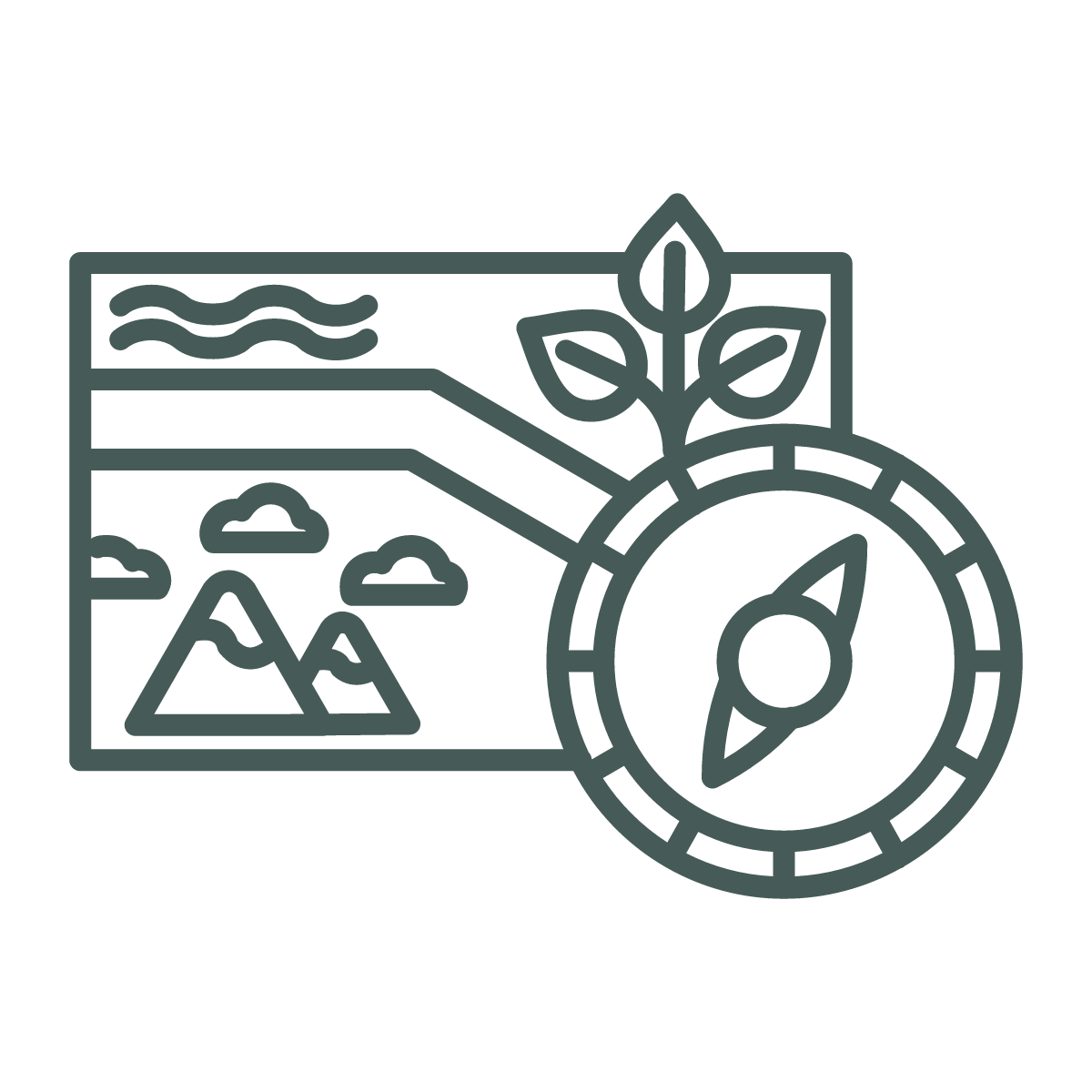 Line drawing of a landscape with mountains, clouds, water, a leaf, and a compass.