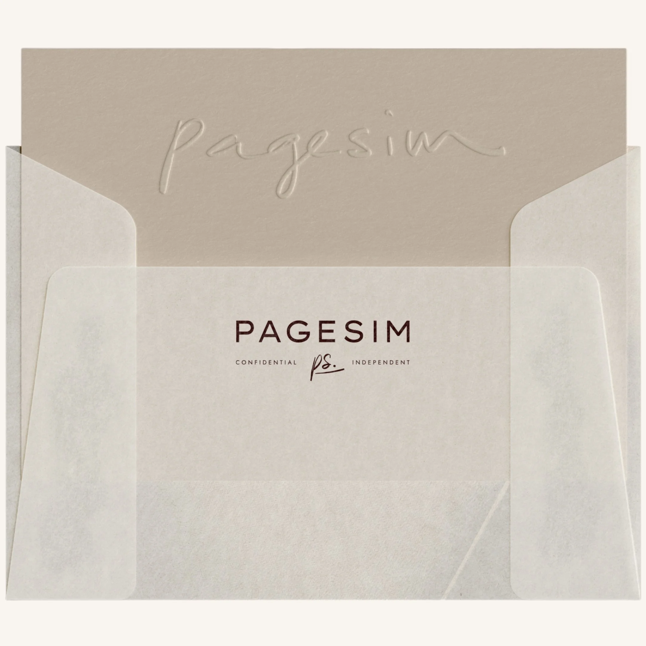 Close-up of beige stationery with embossed cursive text reading 'PageSim' and printed text 'PAGESIM' along with smaller text 'Always Confidential' and 'Always Independent'.