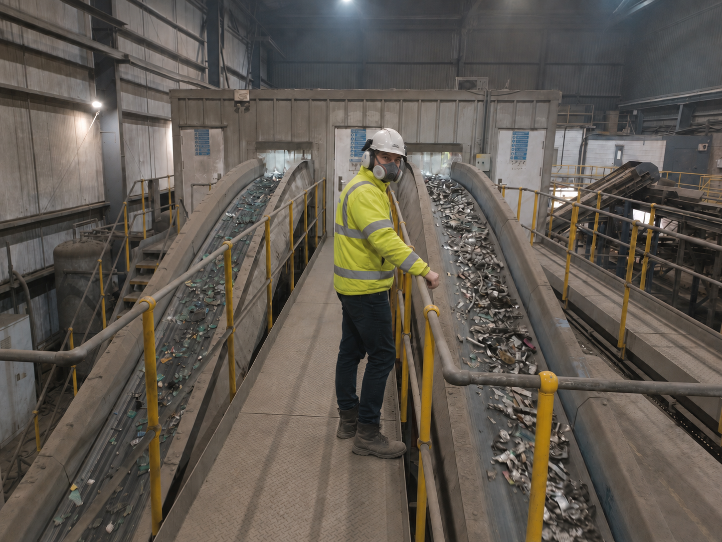 A worker wearing a hard hat, ear protection, a high-visibility jacket, and safety boots stands on a walkway inspecting a conveyor belt carrying soda cans inside a recycling or manufacturing facility.