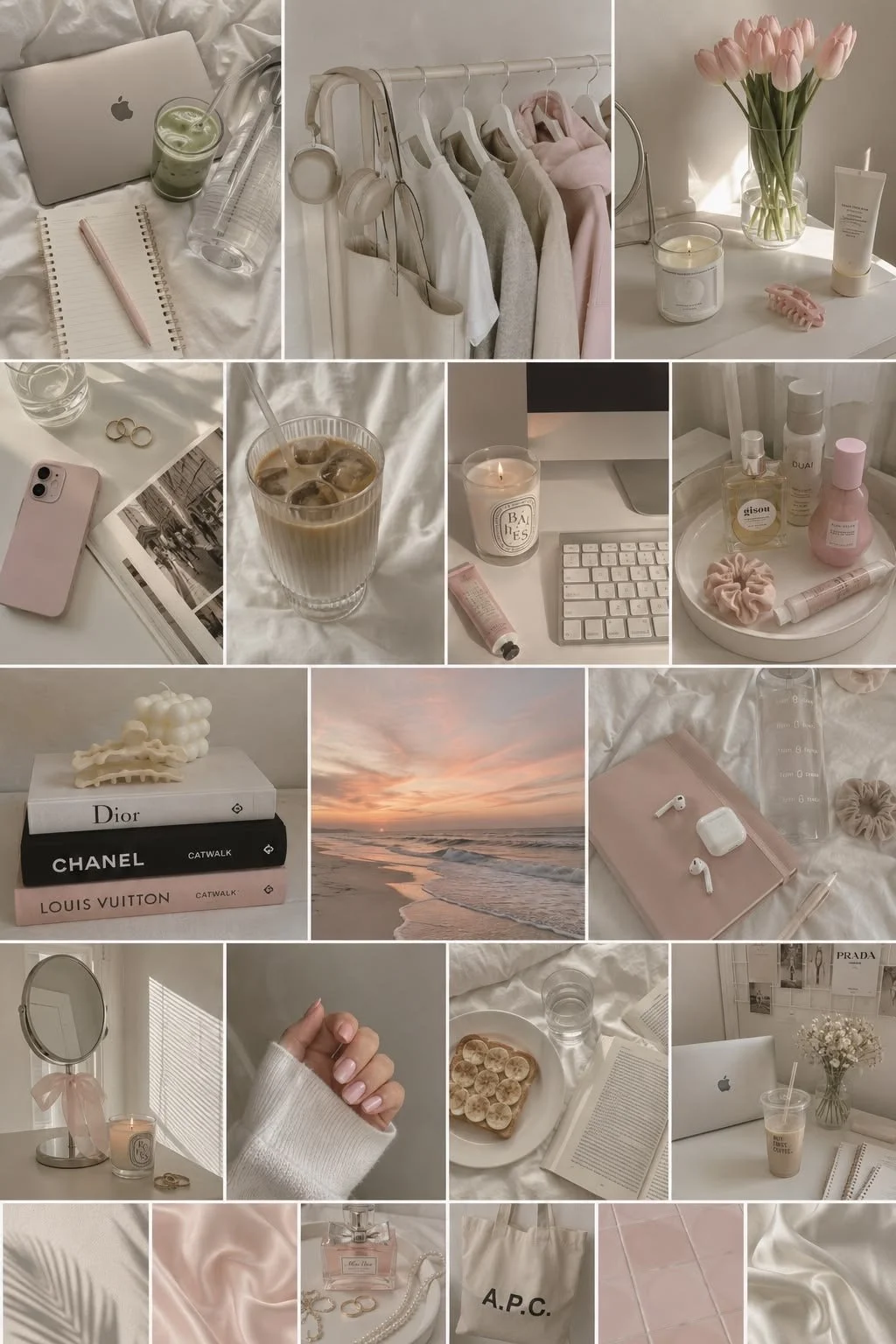 Collage of various aesthetic lifestyle and fashion items in soft, neutral tones, including candles, flowers, notebooks, skincare products, jewelry, a phone, a mirror, and a sunset over the beach.
