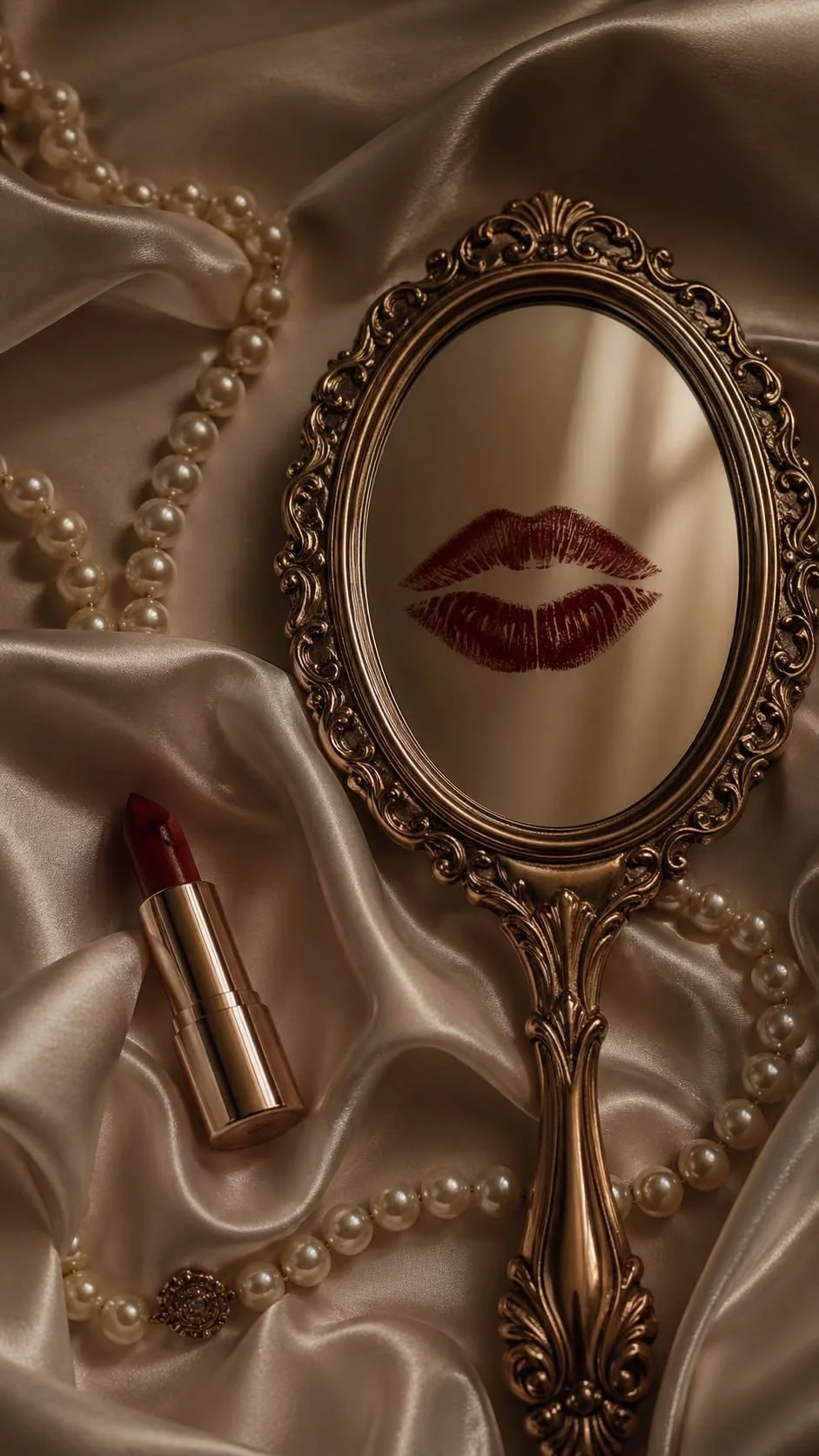 An ornate handheld mirror reflecting a lipstick kiss on the glass, with a pearl necklace, a tube of dark red lipstick, and a satin fabric background.