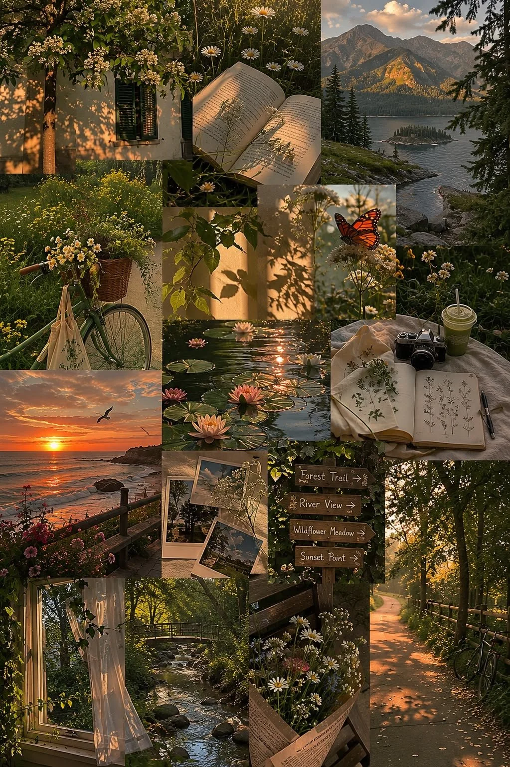 A collage of nature scenes including mountains, a lake, a sunset over the ocean, flowering plants, a butterfly on a flower, a bicycle with daisies, a river view, a wooden trail sign with four destinations, a stream with a bridge, and a cozy indoor no