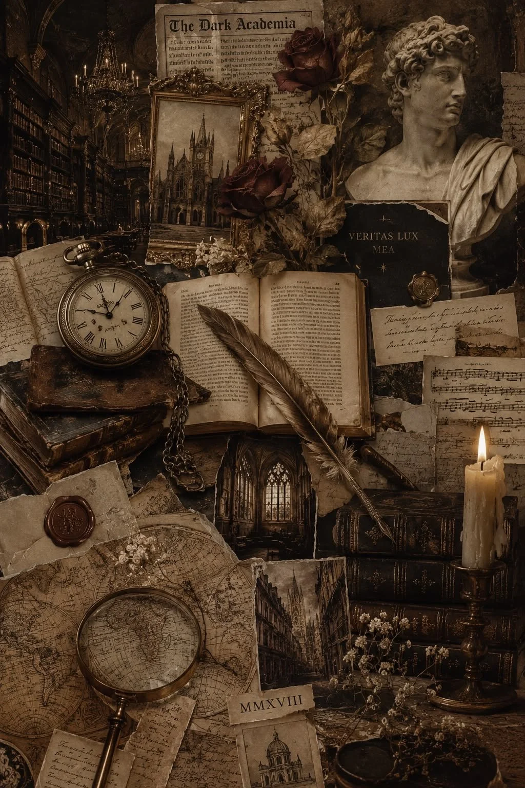 A vintage desk scene with a pocket watch, open books, handwritten notes, a candle, dried flowers, photographs of gothic architecture, and a bust sculpture, all in a sepia tone.
