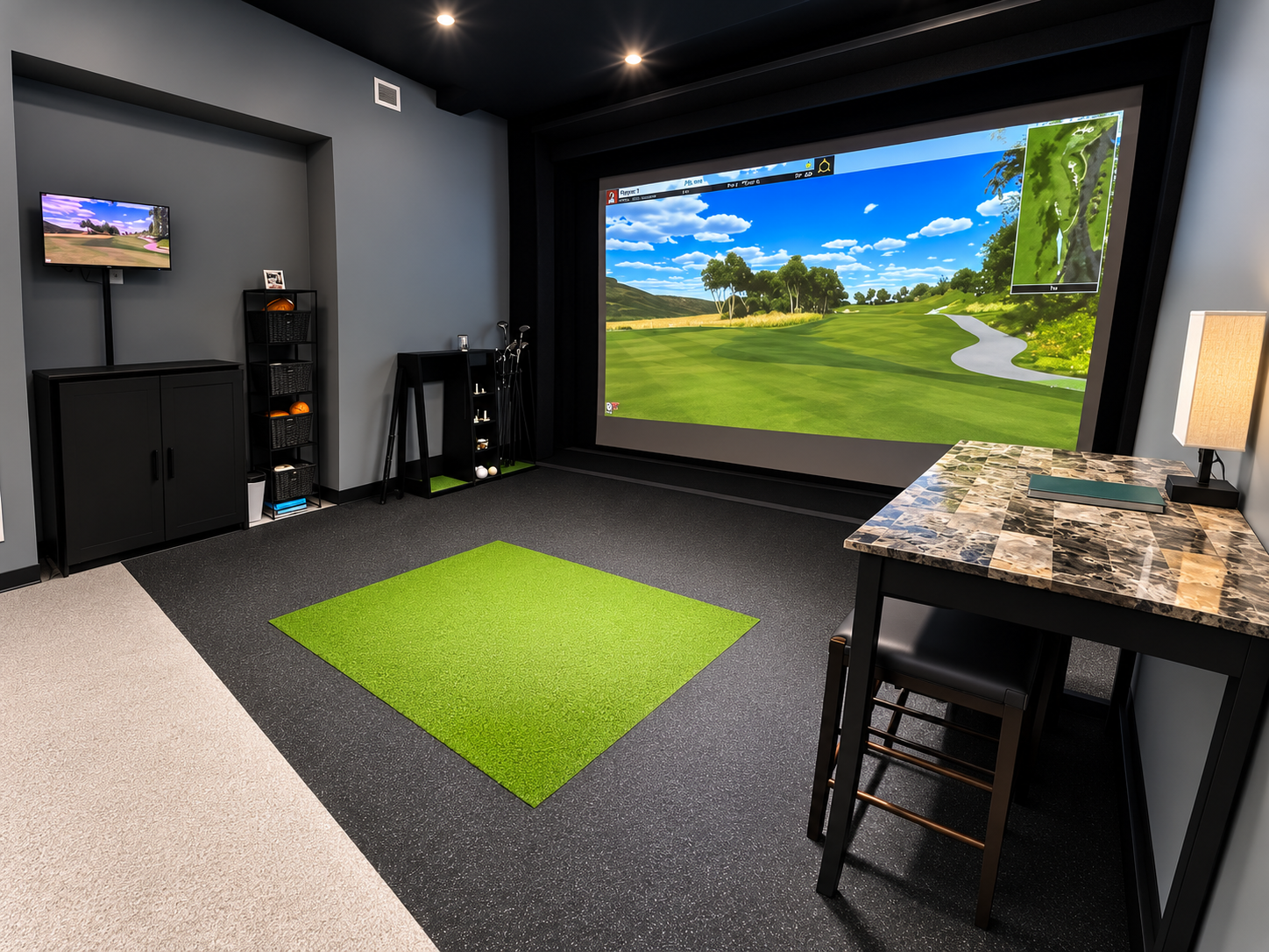 Indoor golf simulation room with large screen displaying a golf course, a small green mat for putting, and golf clubs.