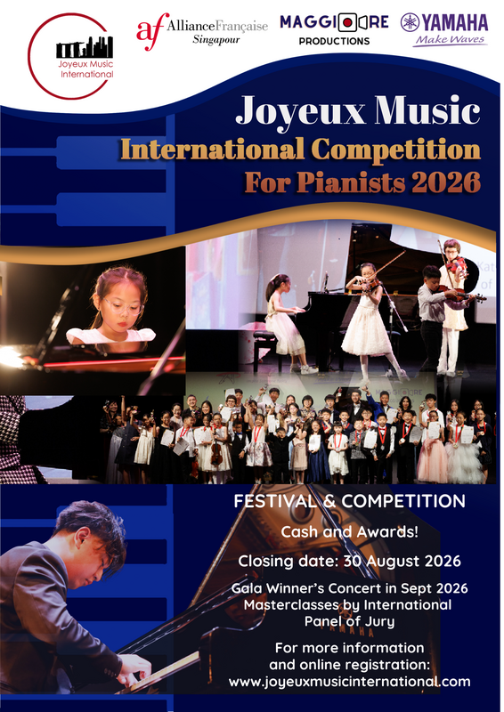 Flyer for the Joyeux Music International Competition for Pianists 2026, featuring photos of children playing piano and performing on stage, with event details including dates and registration information.