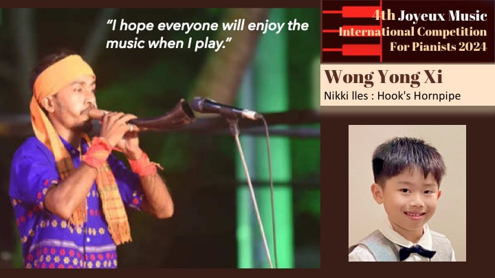 A young boy with short black hair smiling in a white shirt with a black bow tie, and a man wearing traditional colorful clothing and a turban playing a wooden pipe or flute, with a quote saying 'I hope everyone will enjoy the music when I play' and text mentioning an international music competition for pianists, featuring Wong Yong Xi.