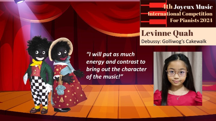 Poster for the 4th Joveux Music International Competition for Pianists 2024 featuring Levinne Quah, showcasing a puppet show with two puppets on stage, and a photo of Levinne Quah in a red top wearing glasses.