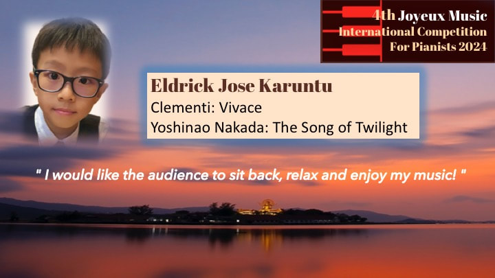 Image promoting the 4th International Competition for Pianists 2024, featuring a young boy with glasses, and details of his performance including Eldrick Jose Karuntu, playing 'Clementi: Vivace' and Yoshinao Nakada's 'The Song of Twilight,' with a sunset over a lake in the background.