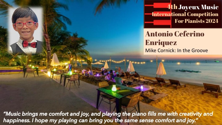 Poster for the 4th Joveux Music International Piano Competition 2024 featuring a young boy with glasses and a bowtie, a tropical beach scene with lit tables and chairs, and event information including the name Antonio Ceferino Enriquez and a quote about music's joy.