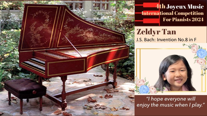 A decorative, vintage red piano with floral patterns, situated outdoors on a stone patio with fallen leaves nearby, accompanied by a black cushioned stool. The image includes event details and a photo of a smiling young girl with black hair, along with a quote about enjoying music.
