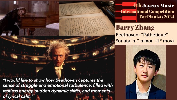 Event poster for the 4th Joveux Music International Competition for Pianists 2024 featuring performer Barry Zhang. The poster includes images of a pianist at the piano, handwritten music notes, a quote from Beethoven, a photo of Beethoven, and a portrait of Barry Zhang.