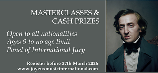 A promotional poster for a music competition featuring masterclasses and cash prizes, open to all nationalities ages 9 and up, with an international jury, and a registration deadline of March 27, 2026.