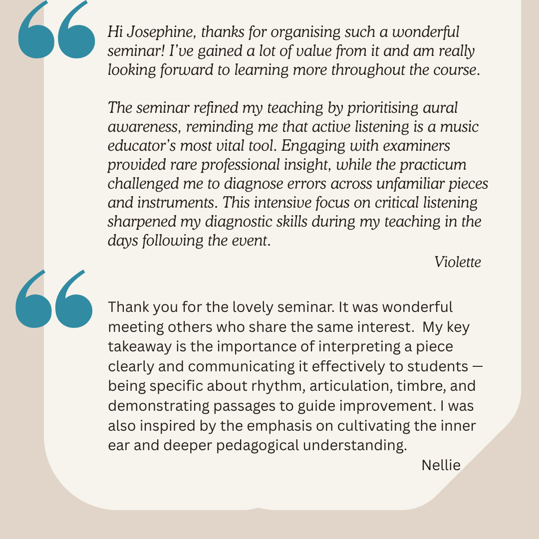 Collection of two feedback messages on a beige background with blue quotation marks. The first message praises a seminar on active listening and diagnostic skills in teaching, signed by Violette. The second message appreciates a seminar on interpreting music and effective communication, signed by Nellie.