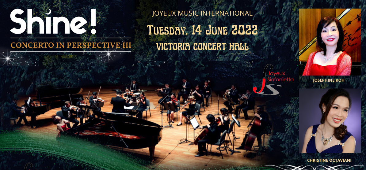 Concert poster for Shine! featuring an orchestra performing on stage with a forest background and portraits of two performers, Josephine Koh and Christine Octaviani, on the right side.