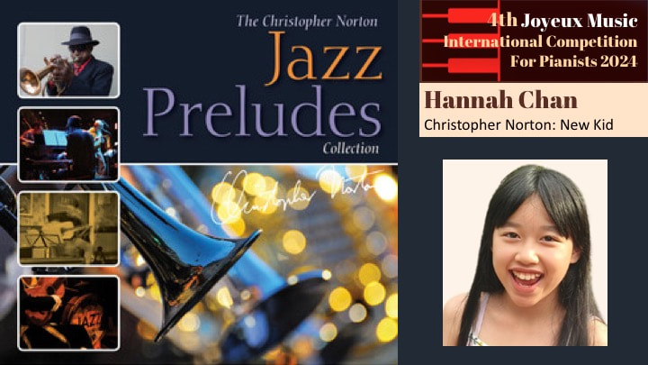 Cover of a jazz music collection titled 'Jazz Preludes', featuring images of musicians playing instruments and a smiling girl named Hannah Chan. The cover also mentions Christopher Norton and a music competition.