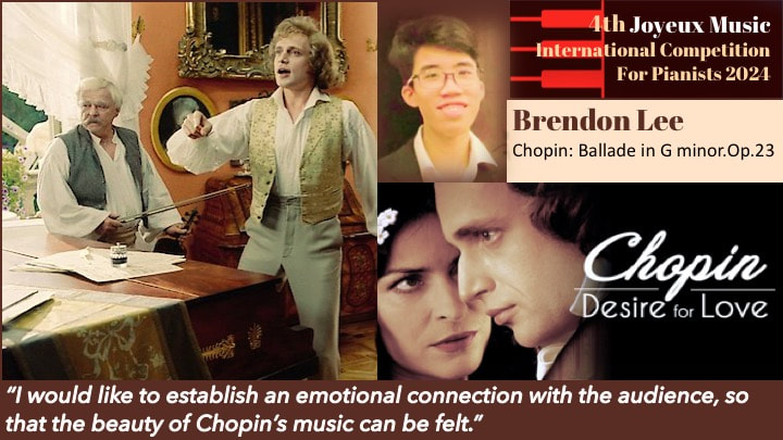 Image featuring two women and a man in a room, a promotional poster for a music competition, with a photo of Brendon Lee, and a promotional image for Chopin's 'Desire for Love' featuring a man and woman in close-up. Text includes '4th Joyeux Music International Competition for Pianists 2024,' details about Brendon Lee and Chopin's 'Ballade in G minor, Op. 23,' and a quote about connecting emotionally with the audience through Chopin's music.