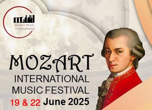 Poster for Mozart International Music Festival, taking place June 19-22, 2025, with a portrait of Wolfgang Amadeus Mozart.