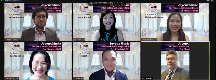 Video conference screenshot with six people, each in individual windows. Backgrounds mostly feature a virtual theater-like setting. Five participants are smiling, while one looks serious. Names are Yoshio Hamano, Josephine Koh, Christine Octavianni, EunYoung Lee, Ernest So, and Yuri Didenko. The top of the screen displays text about the Joyeux Music International Competition for Pianists 2021.