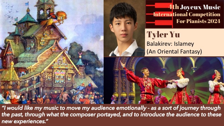 Collage of three images: a watercolor illustration of a whimsical, fantasy-style house with stairs and towers, a portrait of a young man named Tyler Yu with a background of text about an international music competition, and a stage performance of dancers in traditional costumes with colorful lighting.
