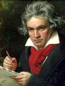 Portrait of Ludwig van Beethoven with gray hair, wearing a dark coat and red scarf, holding a paintbrush and palette