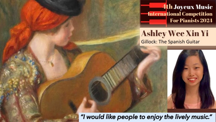 Poster for the 4th Joyeux Music International Competition for Pianists 2024, featuring a painting of a woman with red hair playing a Spanish guitar, and a photograph of a young girl smiling with long dark hair.