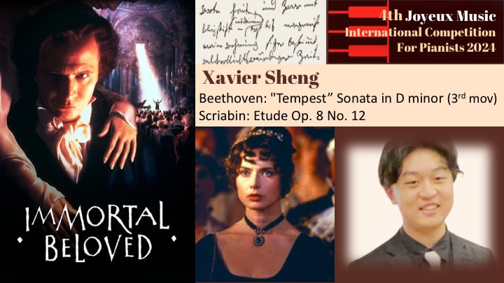 An event poster for a classical music competition featuring classical composers and pieces, including Beethoven's 'Tempest' Sonata and Scriabin's Étude Op. 8 No. 12. The poster highlights pianist Xavier Sheng and includes images of a man in a tuxedo, a woman with dark curly hair, and a smiling young man.